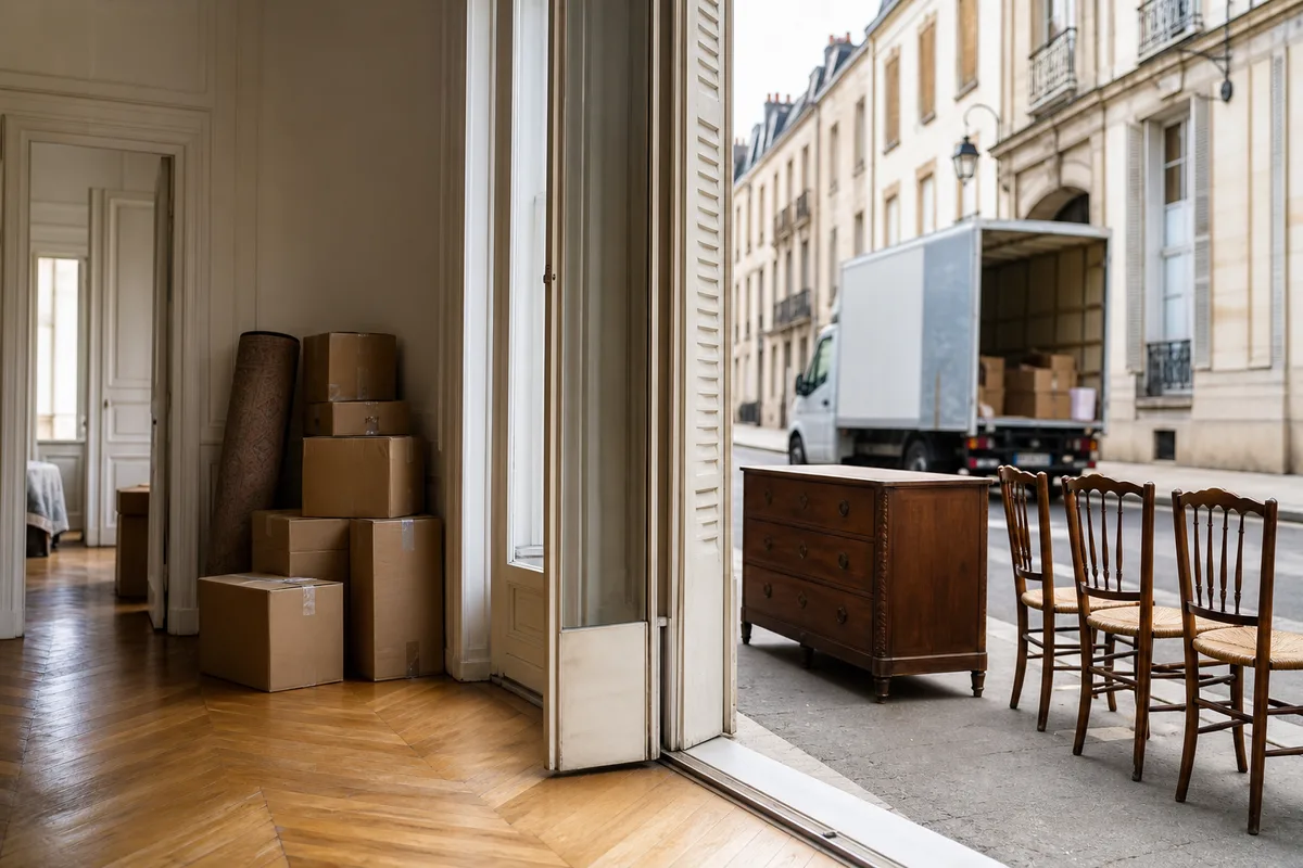 Salon d&rsquo;appartement partiellement vidé avec cartons empilés et parquet ancien apparent