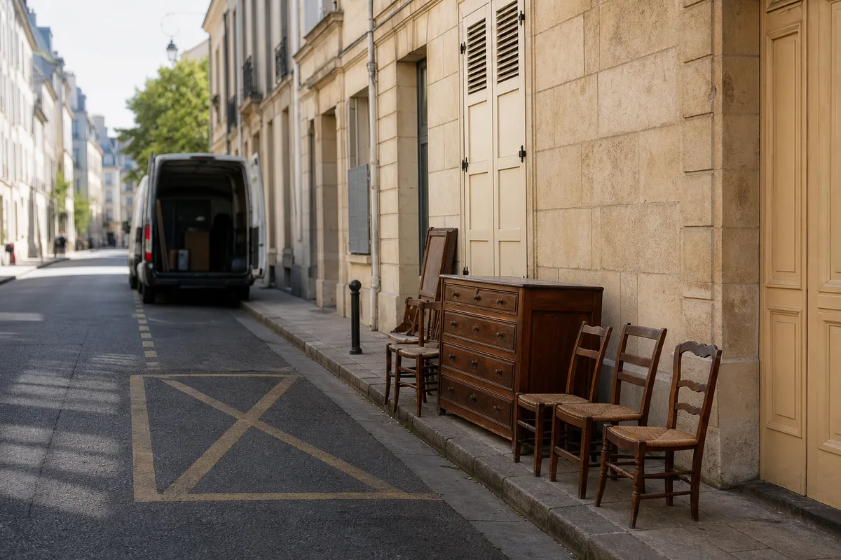 Rue étroite bordée d&rsquo;immeubles anciens avec emplacement de livraison matérialisé au sol