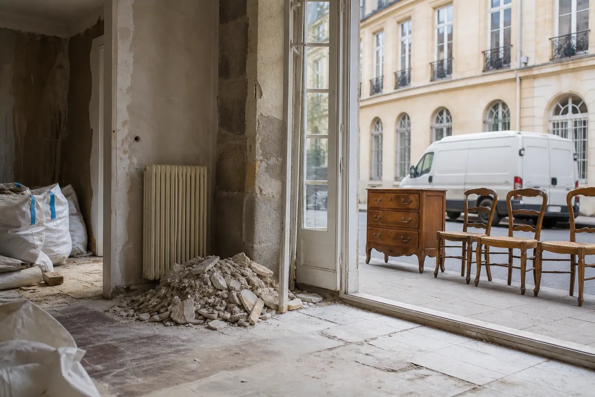 Gravats de carrelage et morceaux de plâtre rassemblés dans une pièce en rénovation