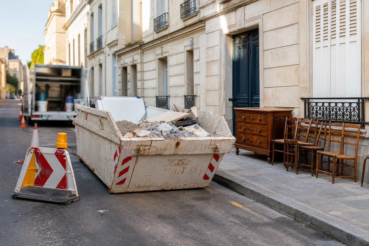 Benne de chantier posée sur une chaussée avec signalisation temporaire
