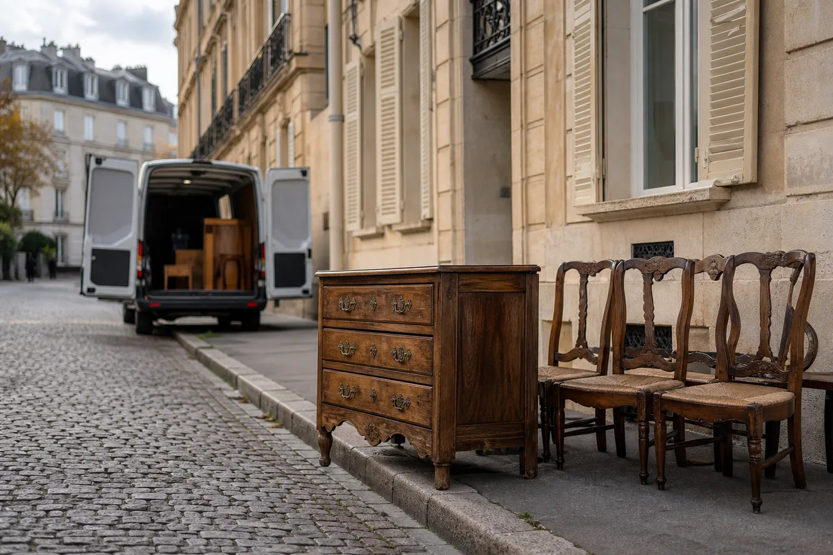 Camion utilitaire stationné dans une rue pavée près d’un immeuble haussmannien