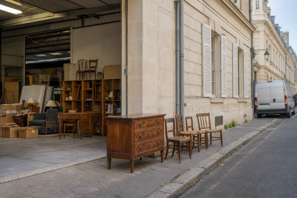 Hangar de tri avec meubles et cartons répartis par catégories sur une aire de stockage