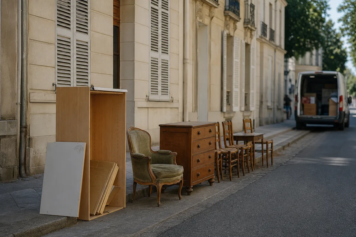Armoire démontée et vieux fauteuil posés au bord d’un trottoir parisien en fin de journée