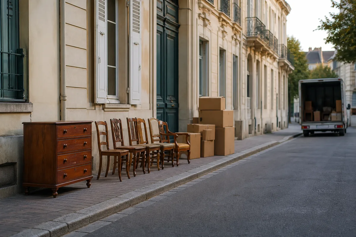 Meubles anciens alignés sur le trottoir d’une rue calme de Versailles avant collecte