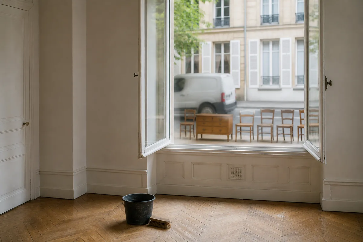 Pièce vide en cours de nettoyage avec seau, brosse et fenêtre ouverte