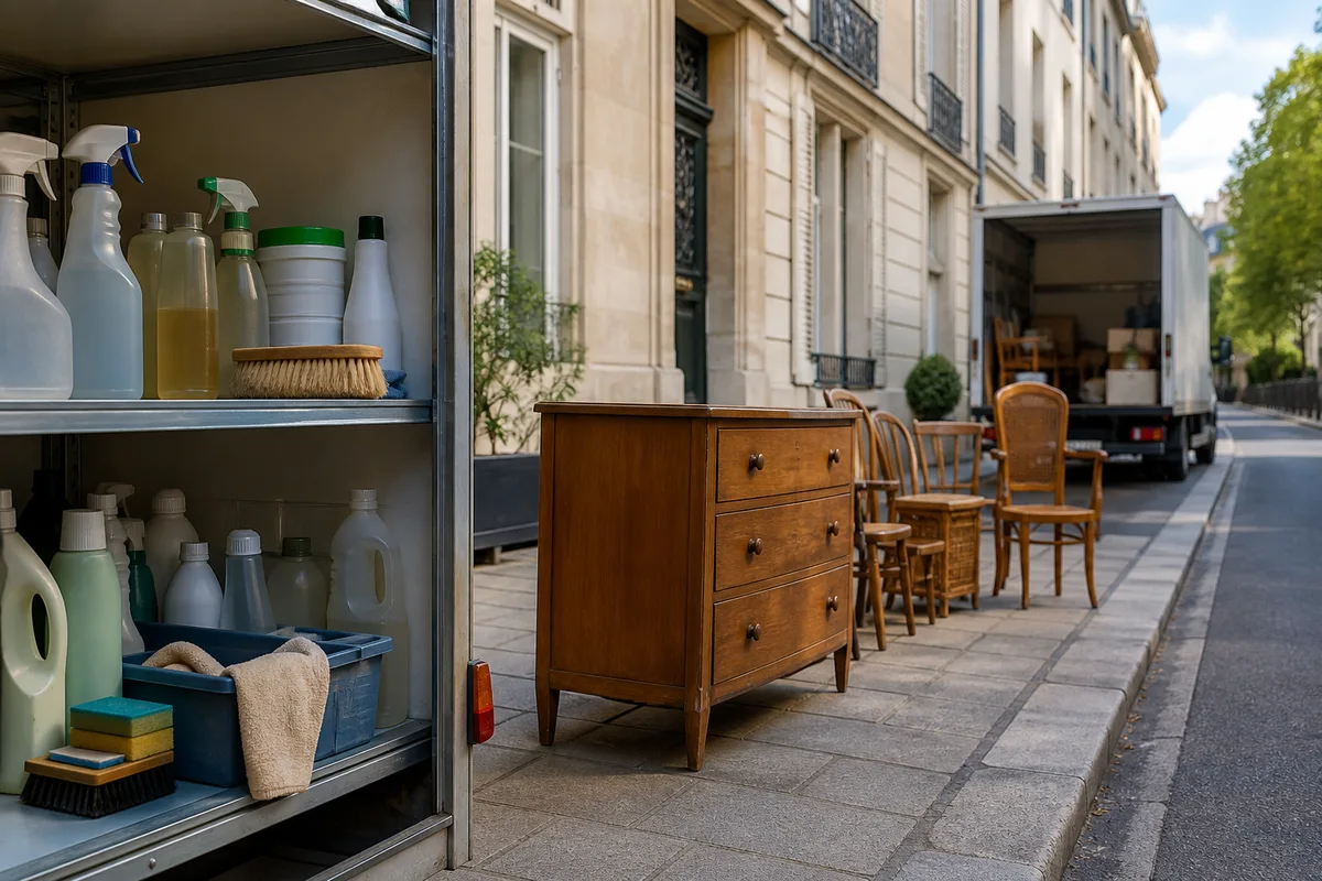 Flacons et produits de nettoyage rangés séparément sur une étagère