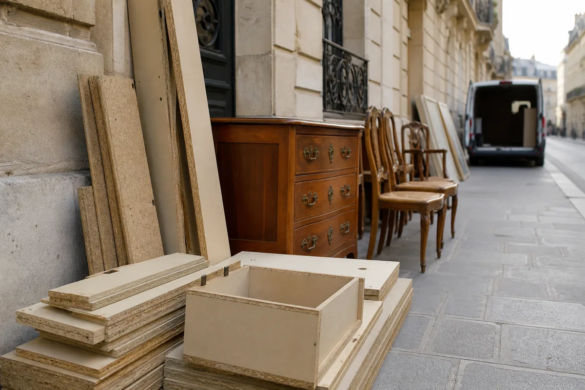 Meuble en panneau de particules démonté montrant la structure interne du matériau