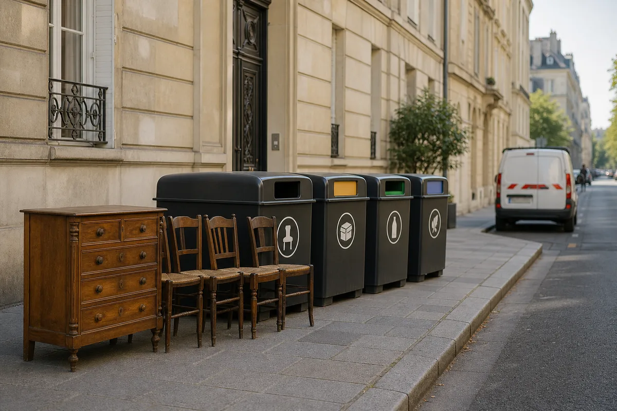 Zone de dépôt de mobilier usagé avec bennes distinctes signalées par pictogrammes
