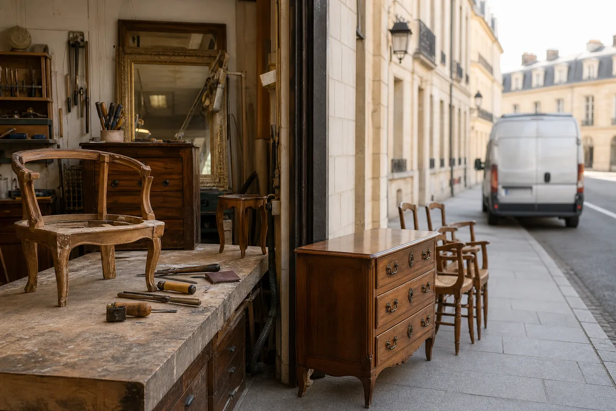 Atelier de remise en état avec établi, outillage et objets en cours de réparation